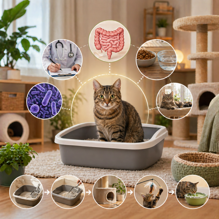 Katze sitzt im Katzenklo in ruhiger Umgebung – Zusammenhang zwischen Darmgesundheit und Unsauberkeit bei Katzen