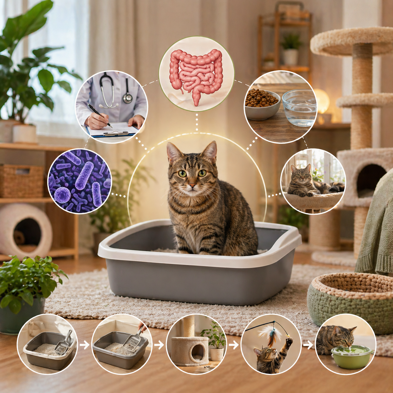 Katze sitzt im Katzenklo in ruhiger Umgebung – Zusammenhang zwischen Darmgesundheit und Unsauberkeit bei Katzen