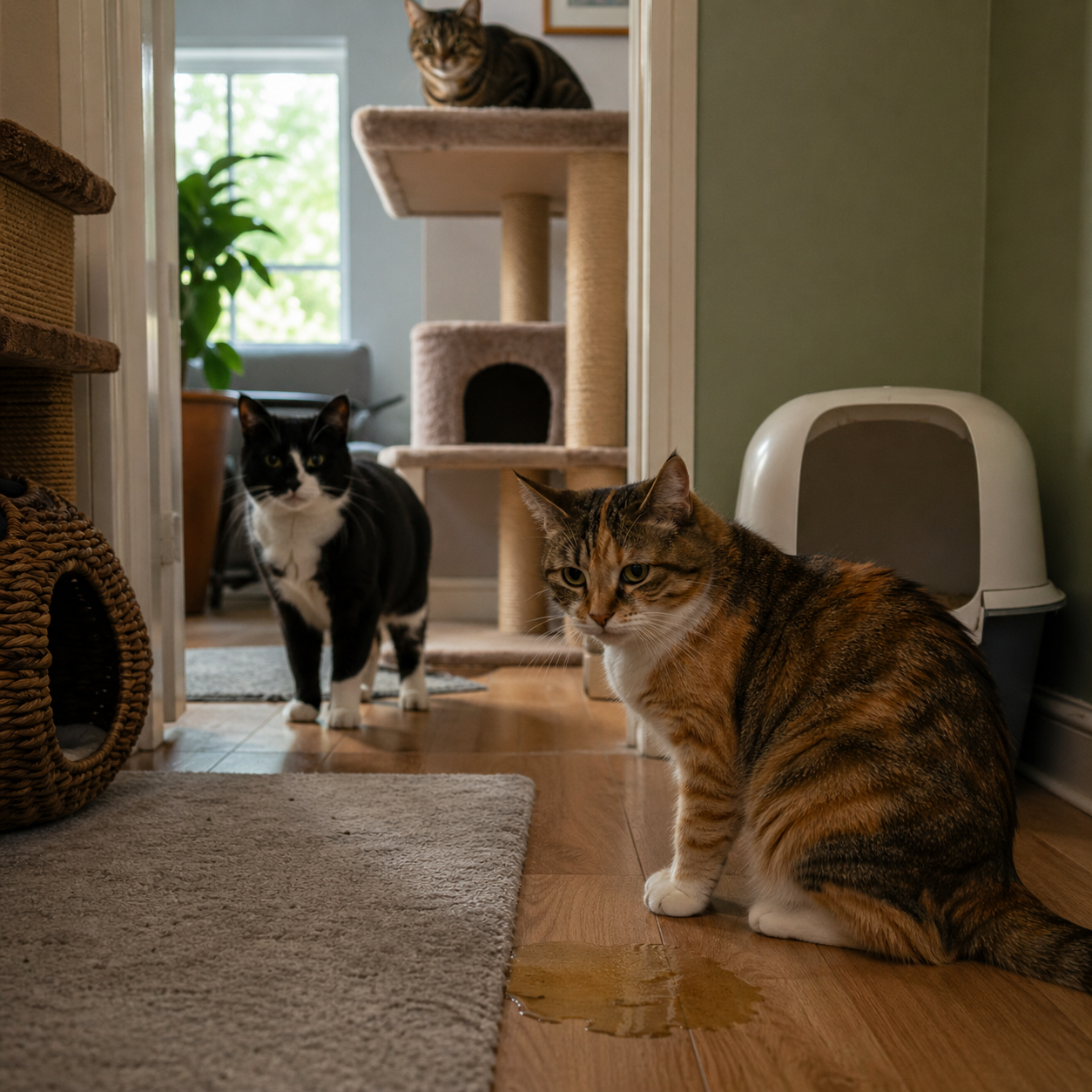 Mehrere Katzen im Haushalt, eine Katze sitzt neben einer Urinpfütze vor dem Katzenklo, während andere Katzen im Hintergrund beobachten – typische Stresssituation im Mehrkatzenhaushalt