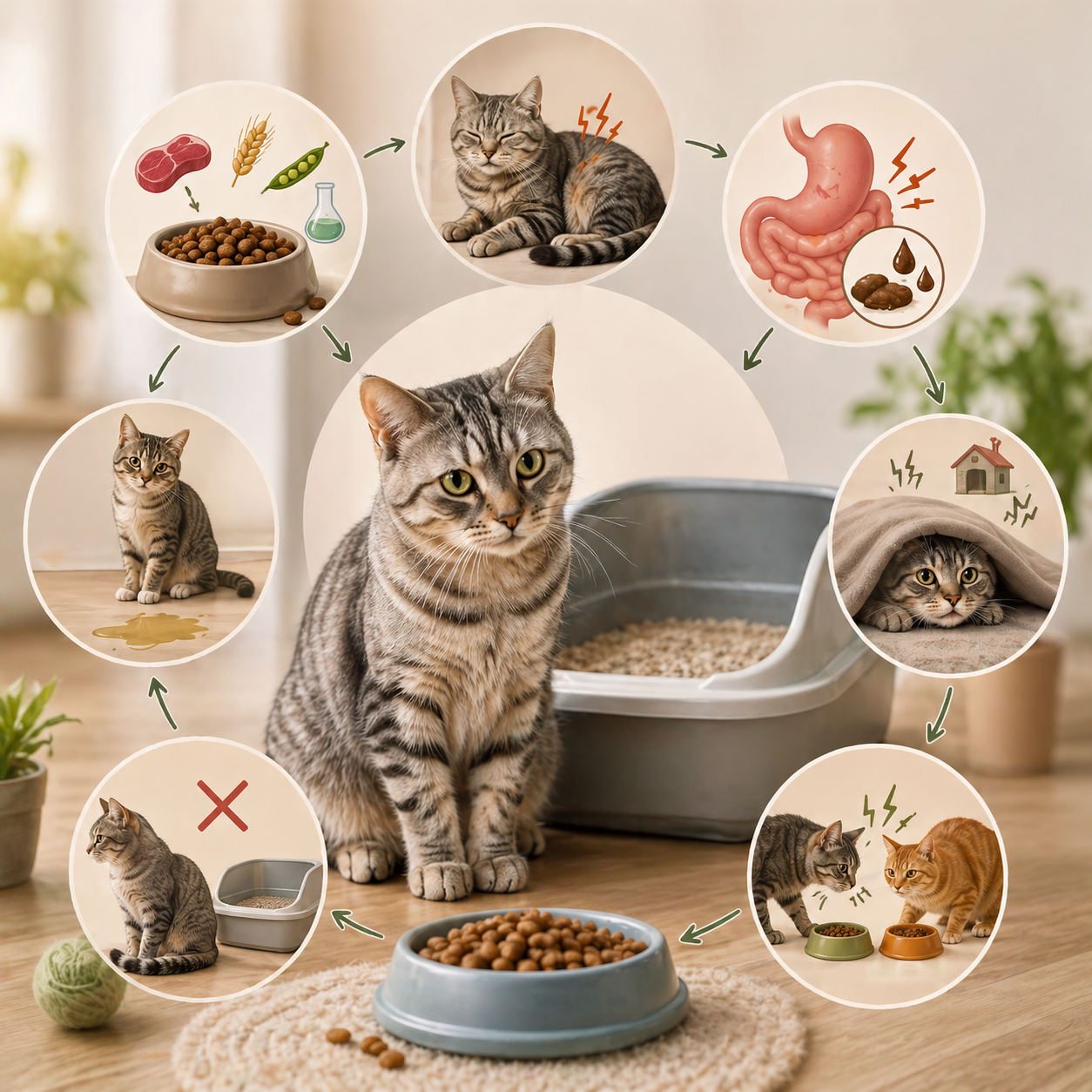 Katze sitzt vor Katzenklo und Futter – Zusammenhang zwischen Ernährung und Unsauberkeit bei Katzen