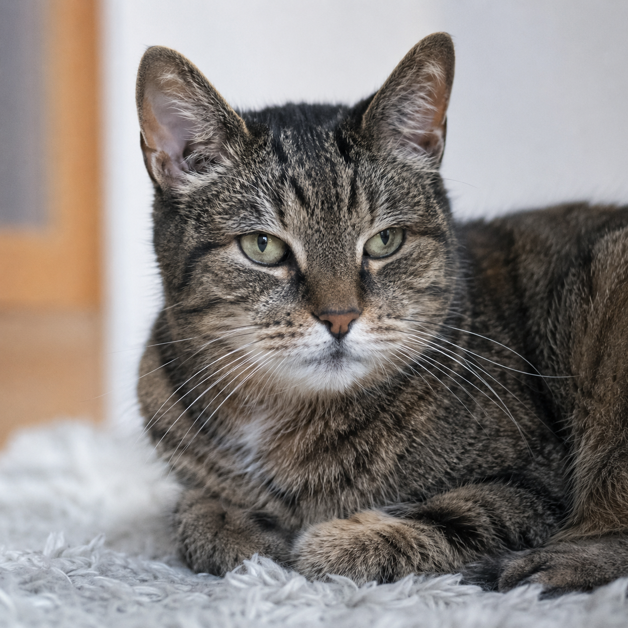 Alte Katze liegt ruhig auf einem weichen Teppich – Symbolbild für Unsauberkeit bei älteren Katzen und mögliche Ursachen im Alter