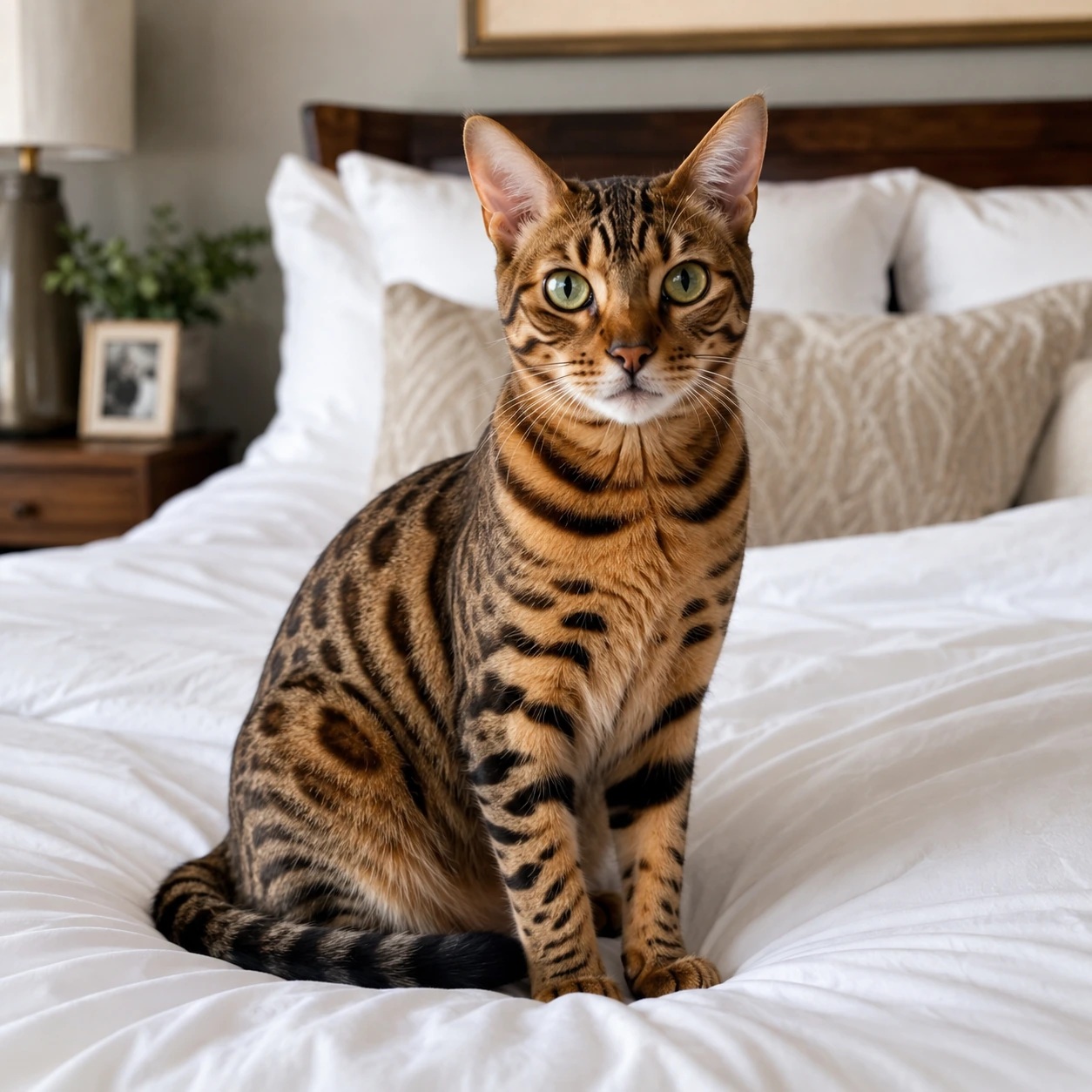 Bengal-Katze sitzt auf einem frisch bezogenen Bett als Symbolbild für Unsauberkeit im Schlafzimmer