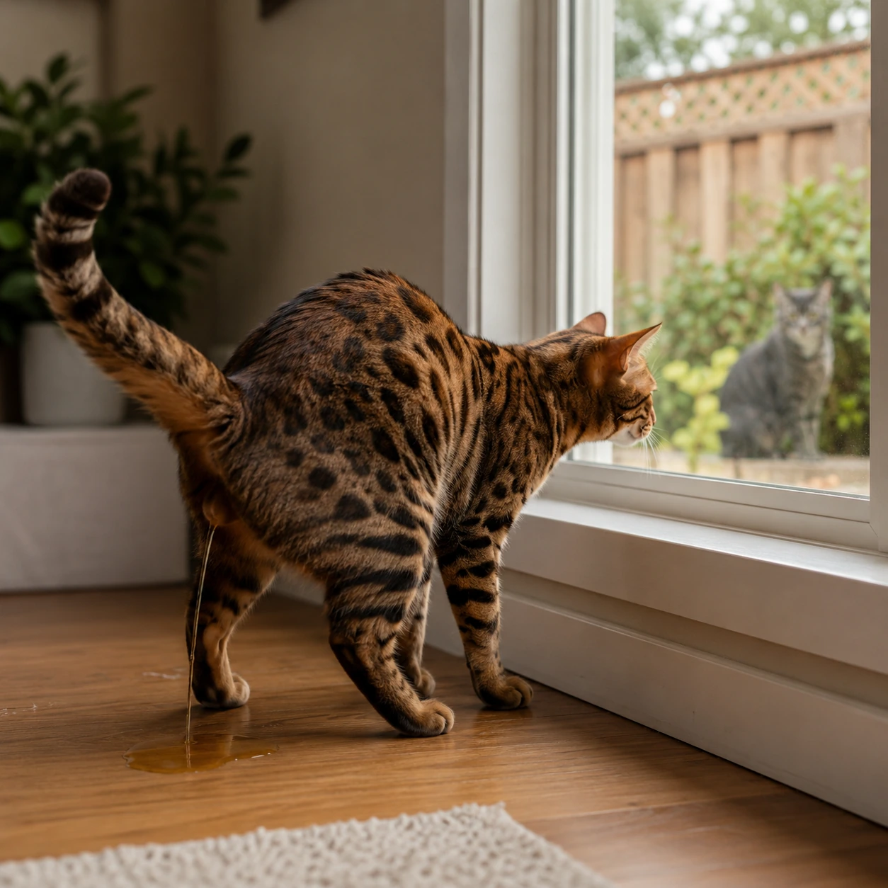 Bengalkatze pinkelt am Fenster, während draußen eine fremde Katze zu sehen ist – möglicher Revierstress durch Sichtkontakt.