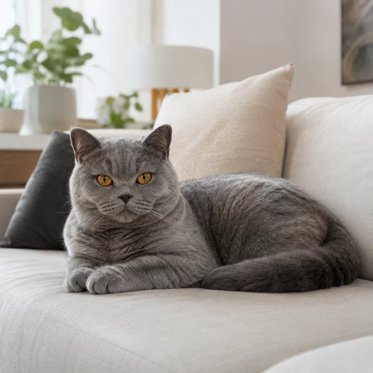 Britisch Kurzhaar Katze liegt entspannt auf einem Sofa als Symbolbild für Unsauberkeit bei BKH