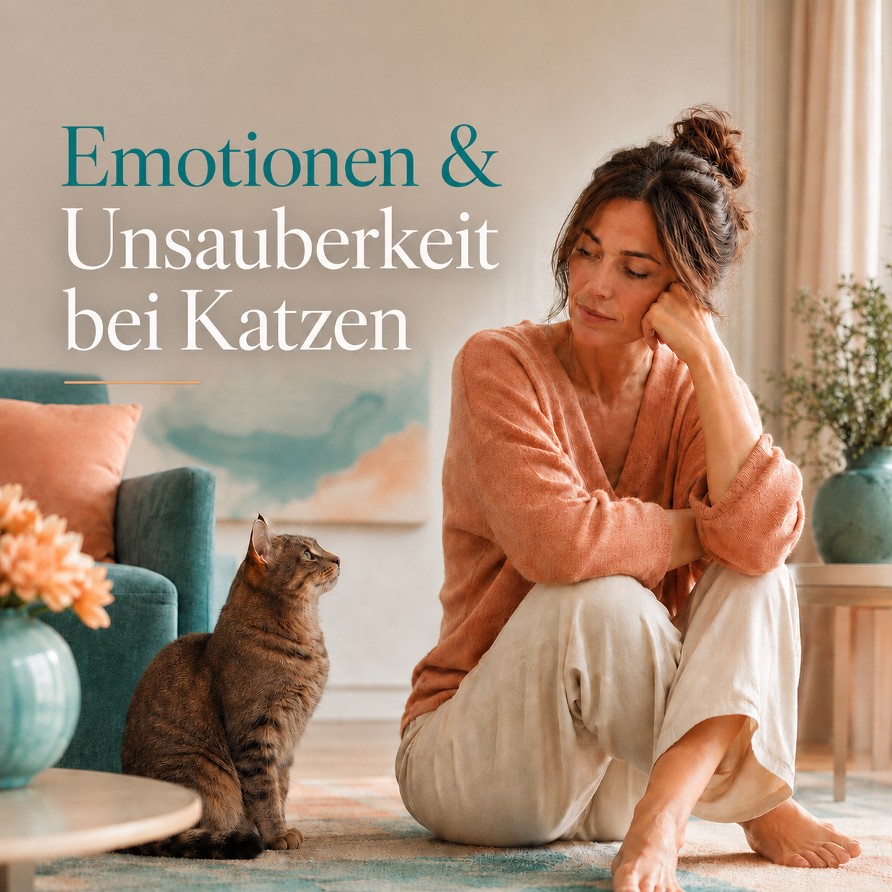 Frau mit Katze im Wohnzimmer zum Thema Emotionen, Stress und Unsauberkeit bei Katzen