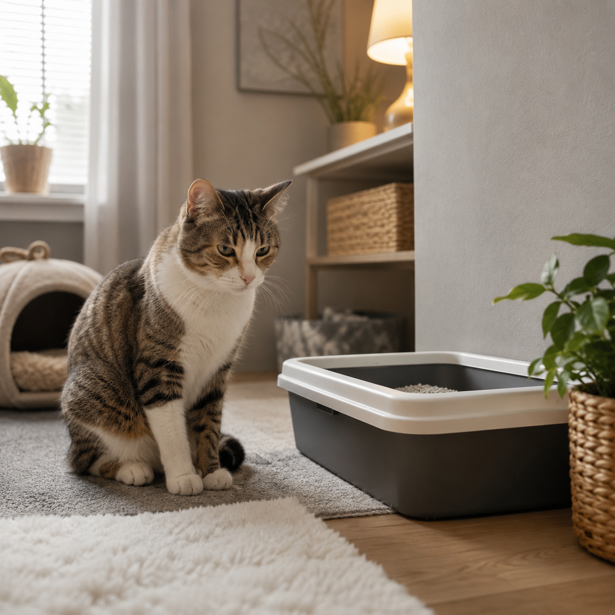 Katze neben Katzenklo als Symbol für FIC bei Katzen