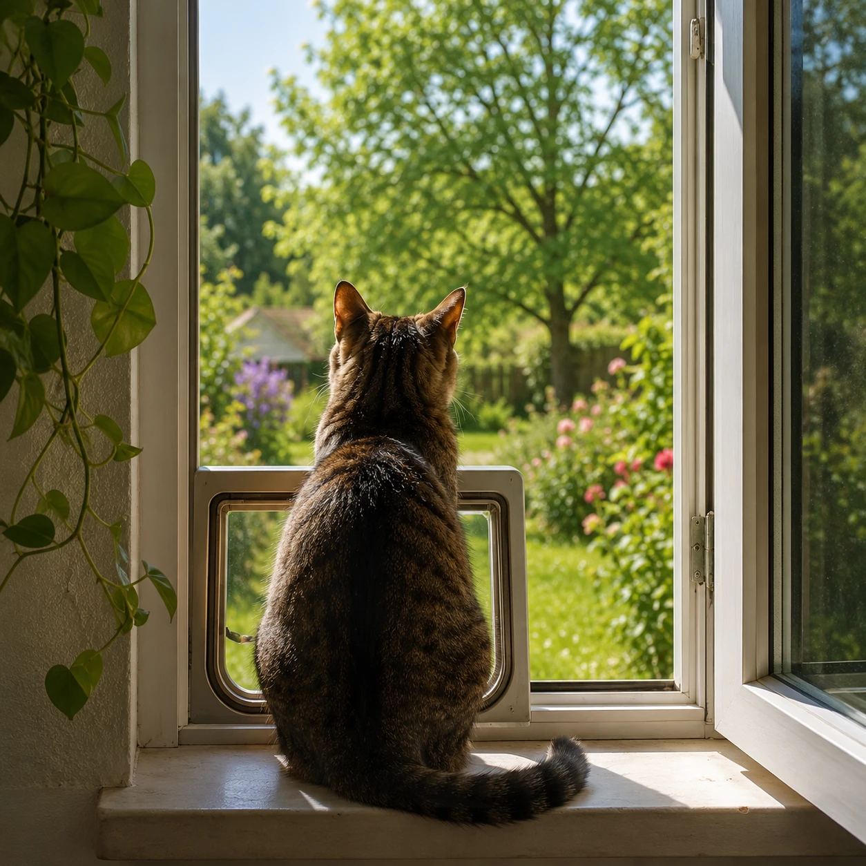 Freigänger-Katze schaut an der Katzenklappe nach draußen – Symbolbild Unsauberkeit bei Freigängern.