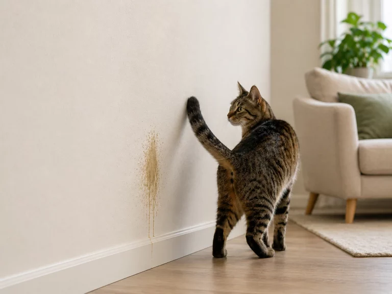 Katze neben Wand – typische Situation bei Harnmarkieren oder Unsauberkeit