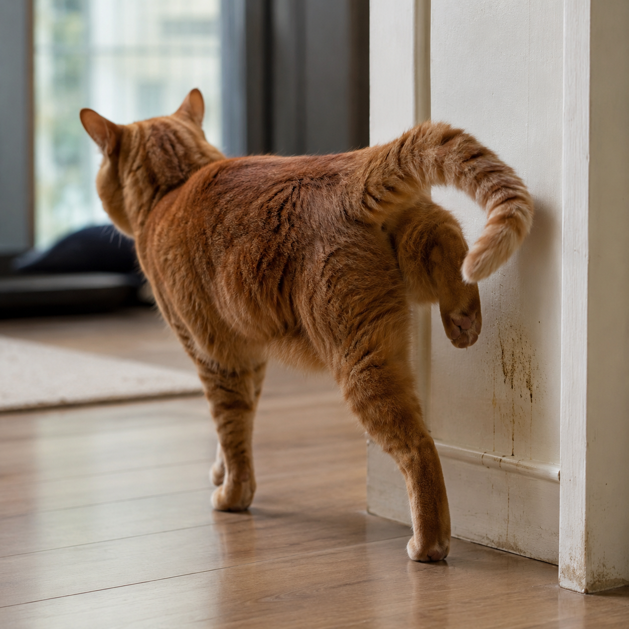 Kater markiert in der Wohnung an einer Wand als Hinweis auf mögliche Ursachen von Markierverhalten bei Katzen