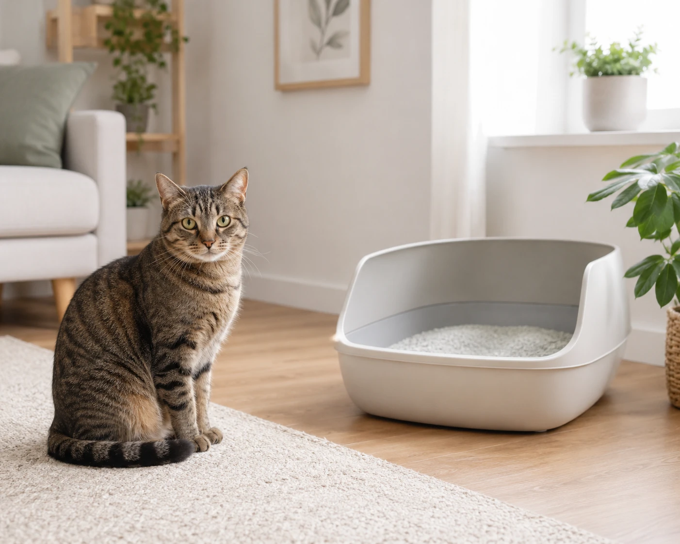 Katze am Katzenklo - Kot in der Wohnung kann viele Ursachen haben
