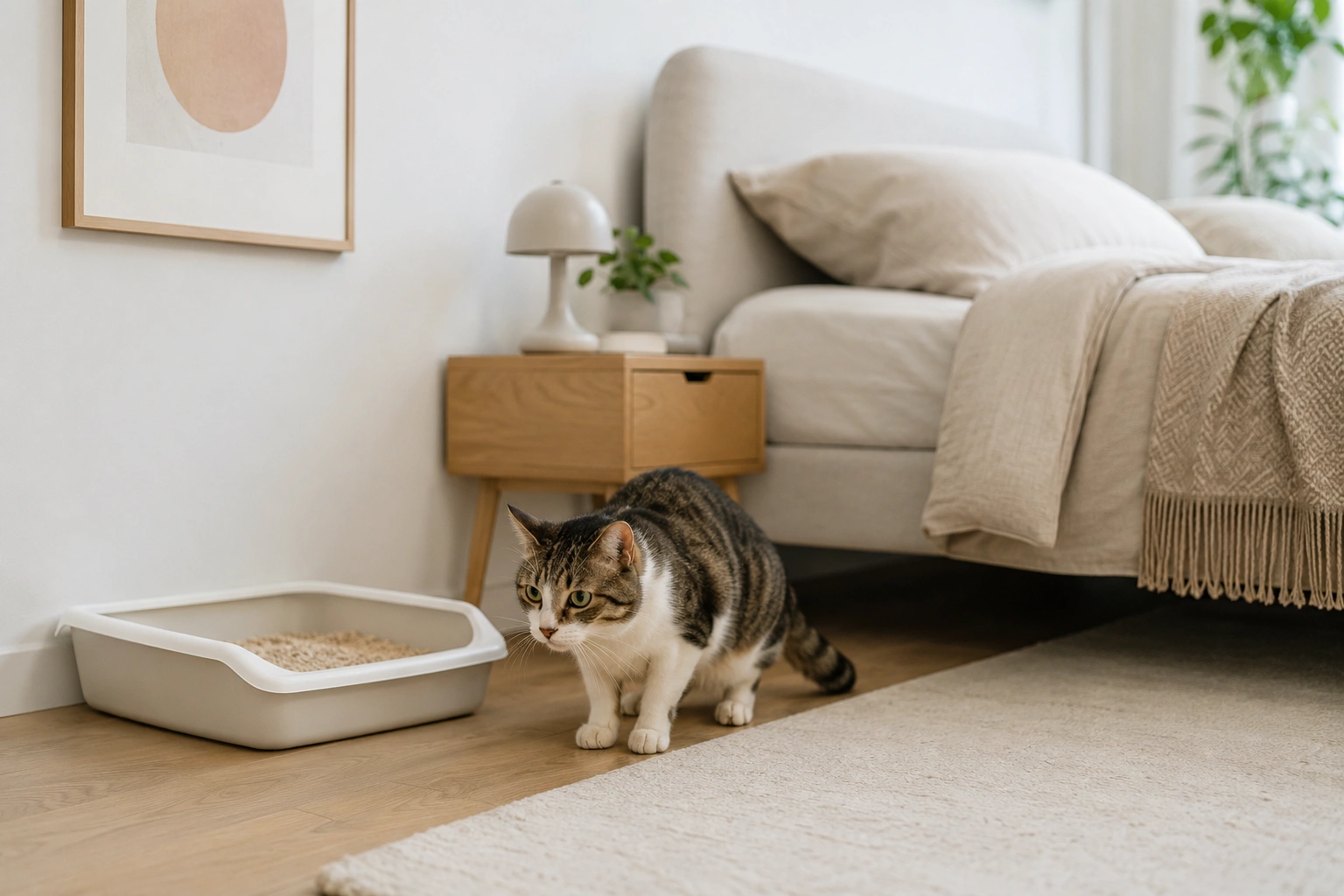 Gut erreichbares Katzenklo kann helfen, wenn eine Katze ins Bett kotet