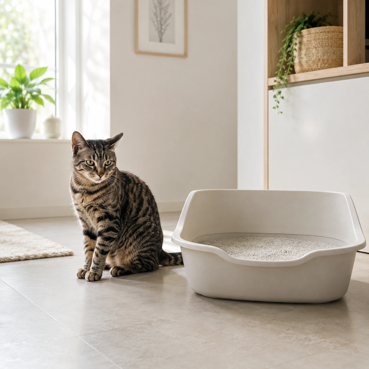 Katze neben offenem Katzenklo - Kot neben dem Klo kann viele Ursachen haben