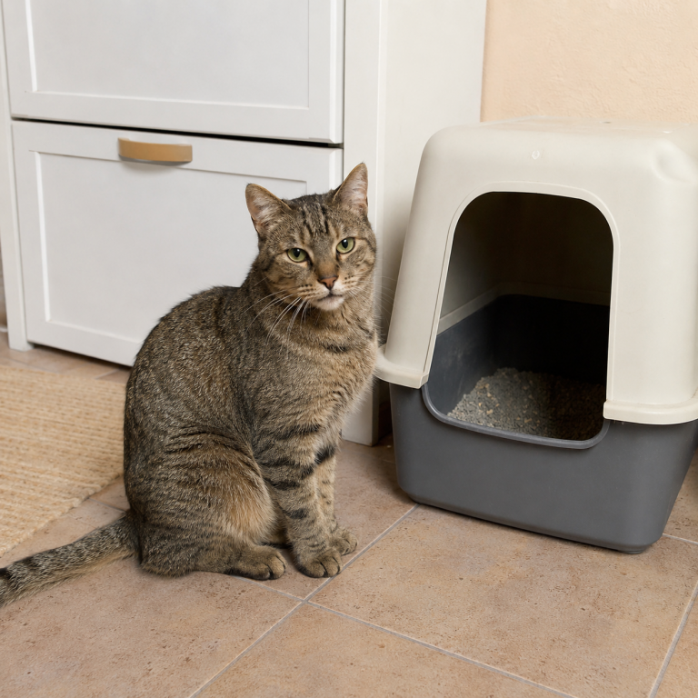 Katze sitzt neben dem Katzenklo – ein mögliches Anzeichen dafür, dass sie das Katzenklo meidet oder daneben macht