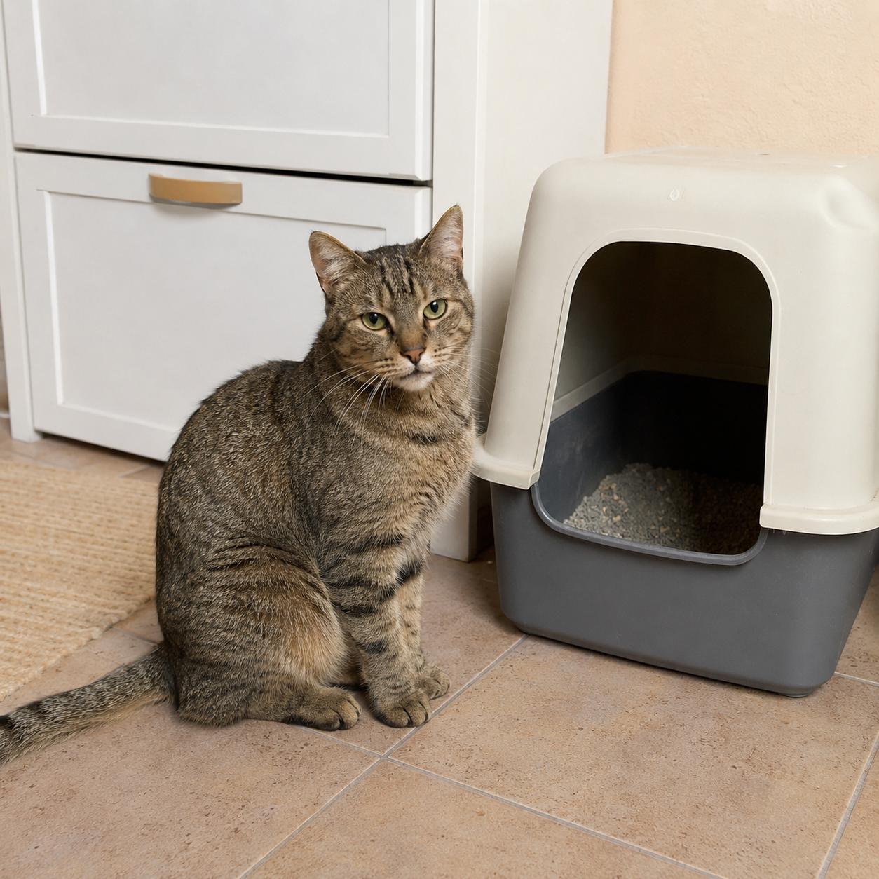 Katze sitzt neben dem Katzenklo
