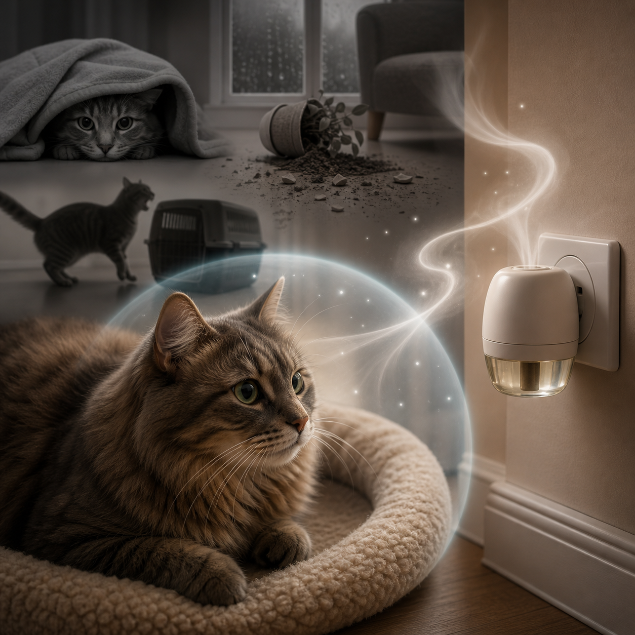 Katze entspannt im Körbchen neben einem Pheromonstecker während im Hintergrund Stress und Unsicherheit sichtbar sind