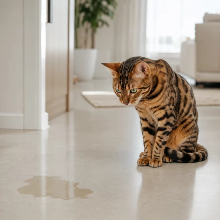 Bengalkatze sitzt unsicher auf glattem Boden neben einer kleinen Urinpfütze in heller, hochwertiger Wohnszene.