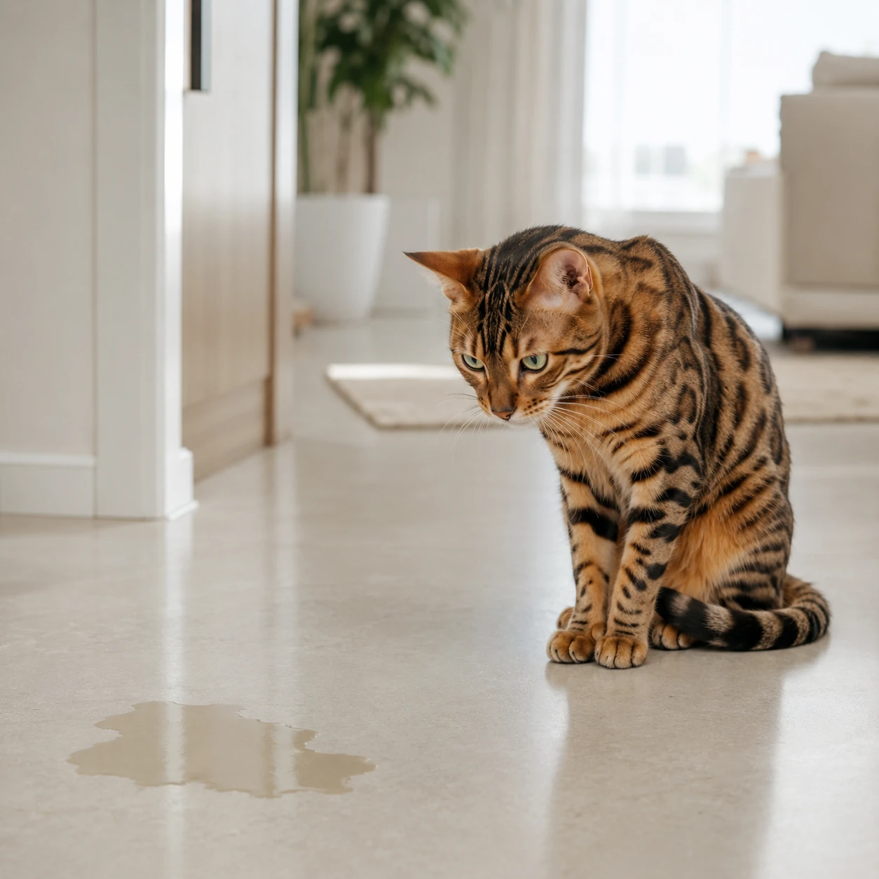 Bengalkatze sitzt unsicher auf glattem Boden neben einer kleinen Urinpfütze in heller, hochwertiger Wohnszene.