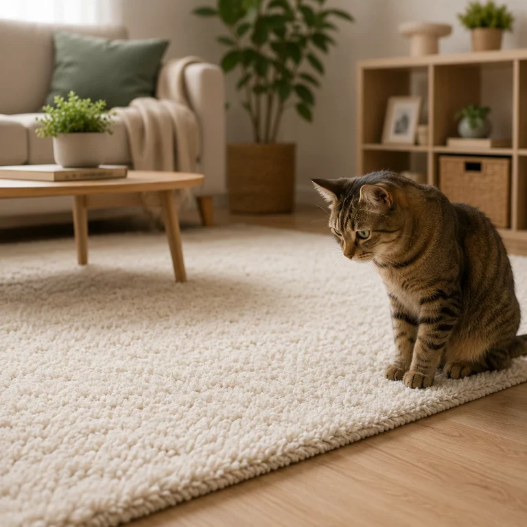 Hauskatze am Rand eines hellen Wohnzimmer-Teppichs – Symbolbild Unsauberkeit auf dem Teppich.