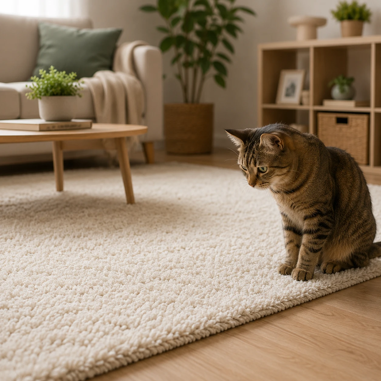 Hauskatze am Rand eines hellen Wohnzimmer-Teppichs - Symbolbild Unsauberkeit auf dem Teppich.