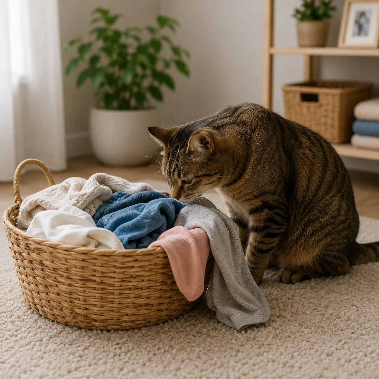 Hauskatze schnuppert an einem offenen Wäschekorb – Symbolbild Katze pinkelt auf Wäsche.