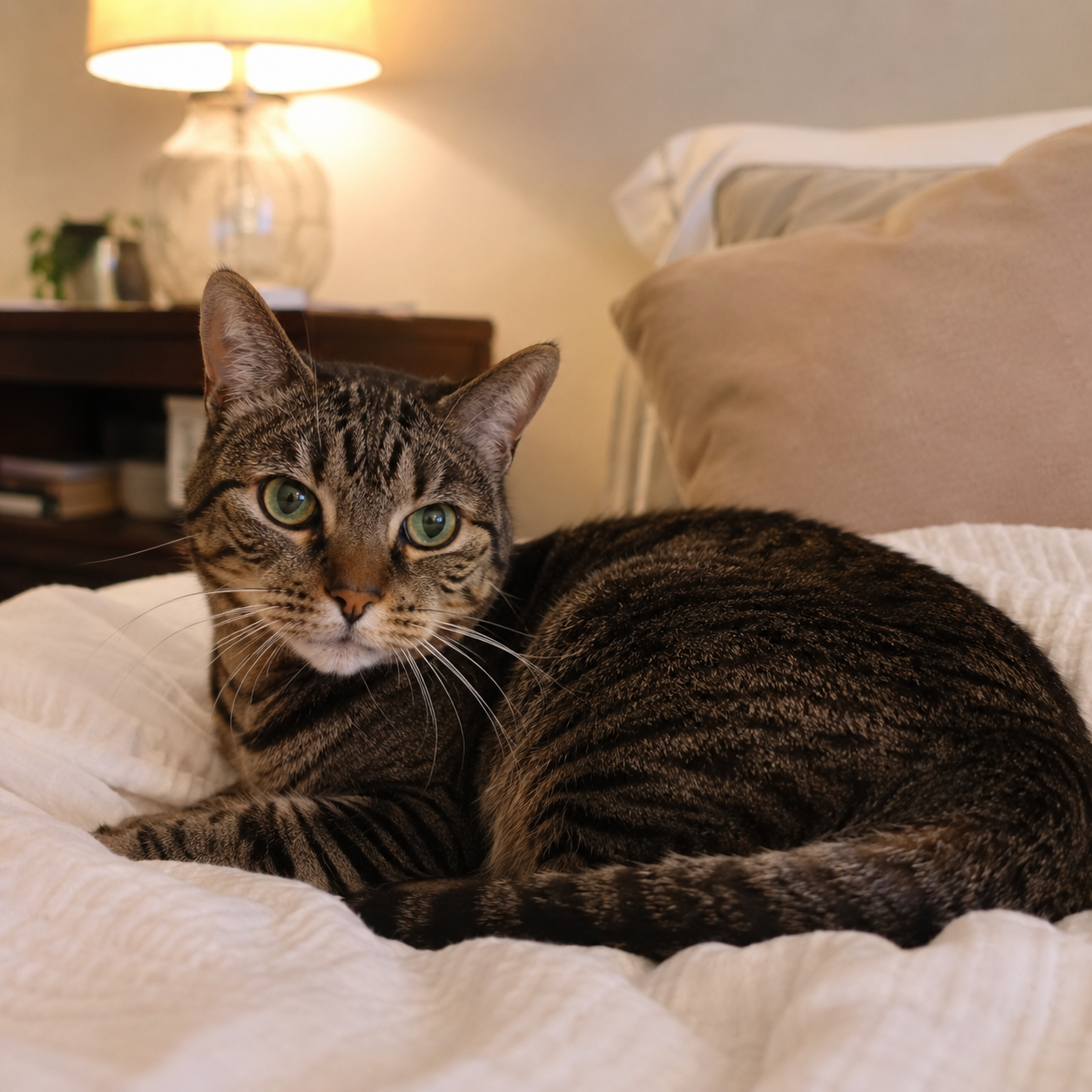 Tabby-Katze liegt auf einem Bett – Symbolbild zum Thema Katze pinkelt aufs Bett, mögliche Ursachen und sinnvolle Hilfe.