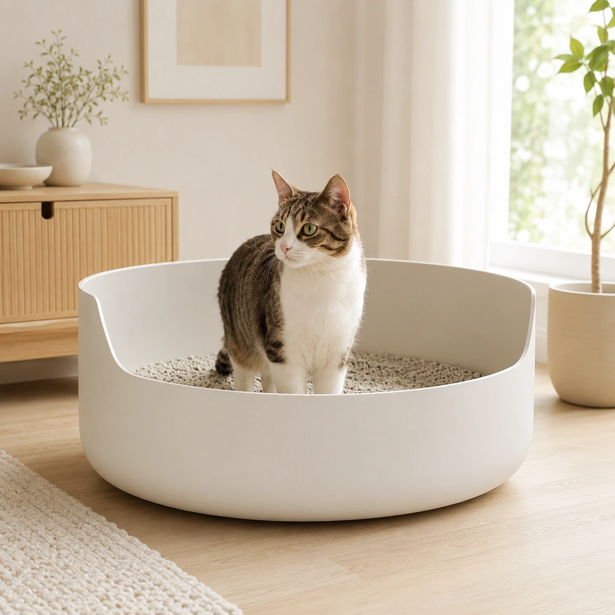 Katze pinkelt im Stehen im Katzenklo