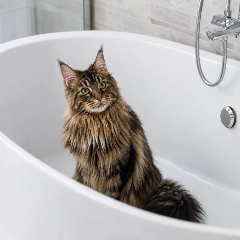 Katze sitzt neugierig in leerer Badewanne