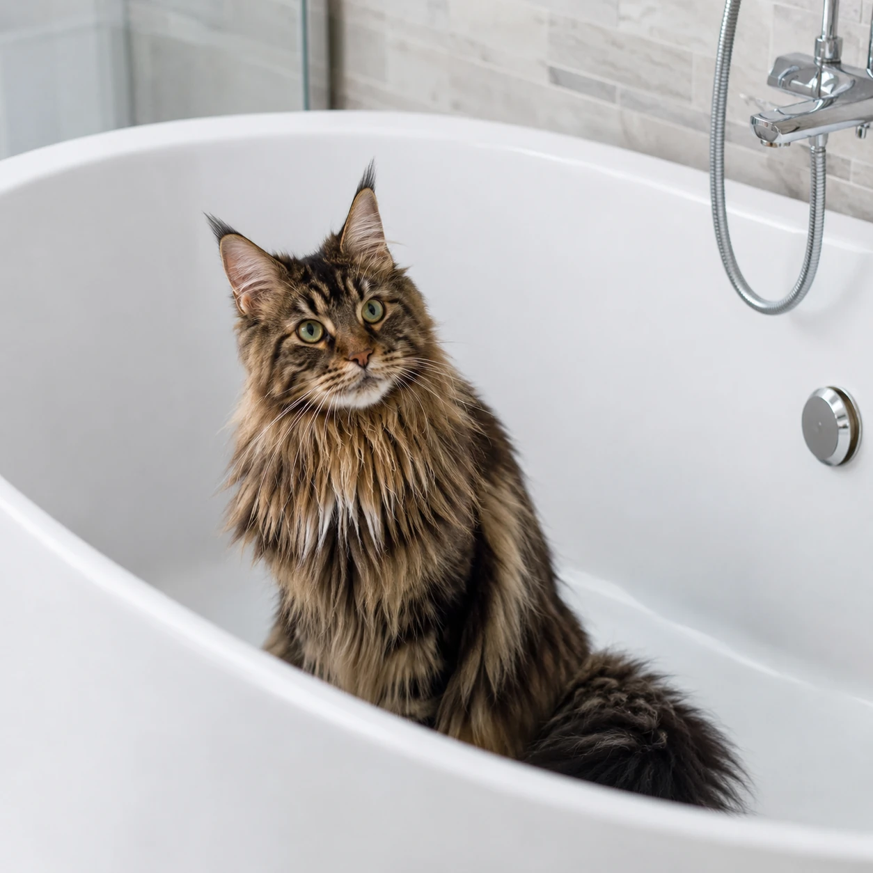 Katze sitzt neugierig in leerer Badewanne