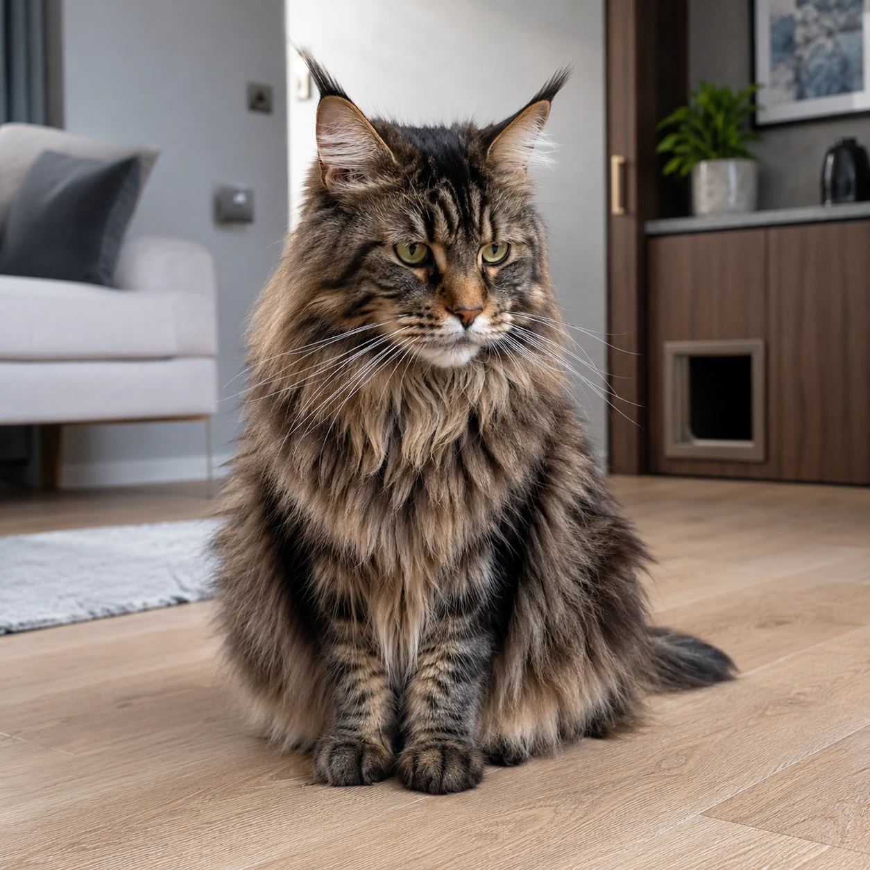 Katze sitzt angespannt auf dem Wohnungsboden – Unsauberkeit bei Katzen hat immer eine Ursache