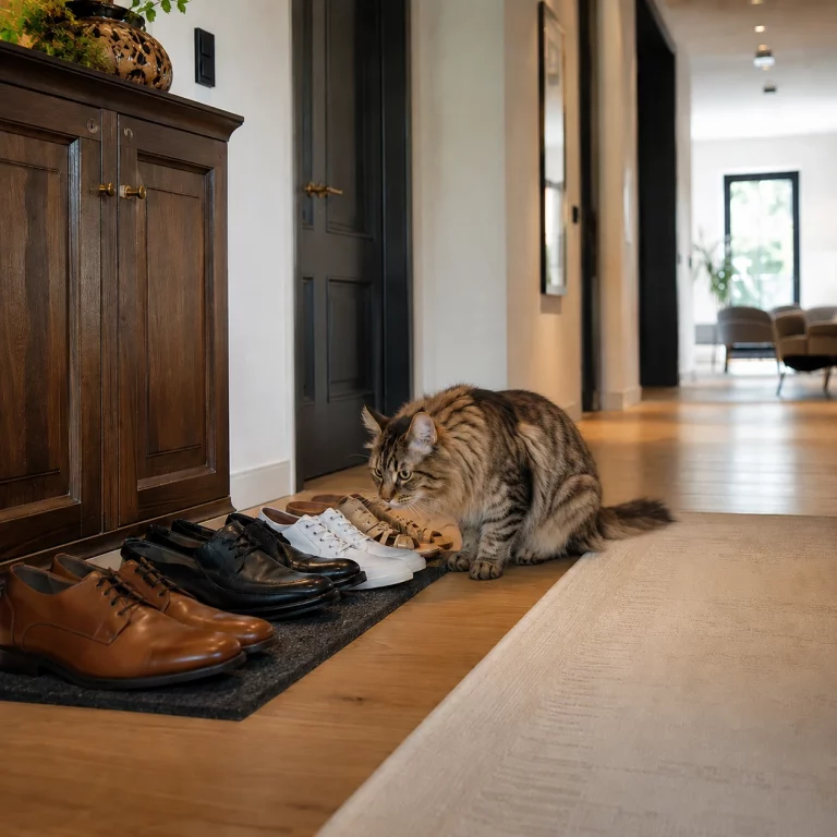 Maine-Coon-Katze schnuppert an ordentlich abgestellten Schuhen im hochwertigen Hausflur