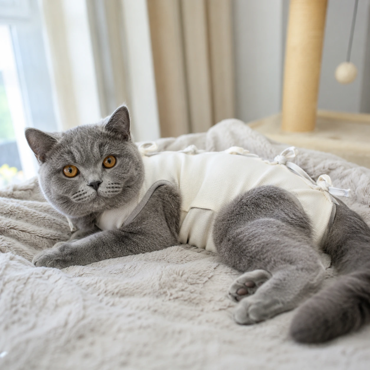 Katze ruht entspannt mit OP-Body auf einer Decke - nach der Kastration.