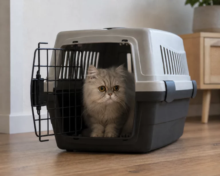 Katze schaut vorsichtig aus der Transportbox nach dem Tierarztbesuch zu Hause.