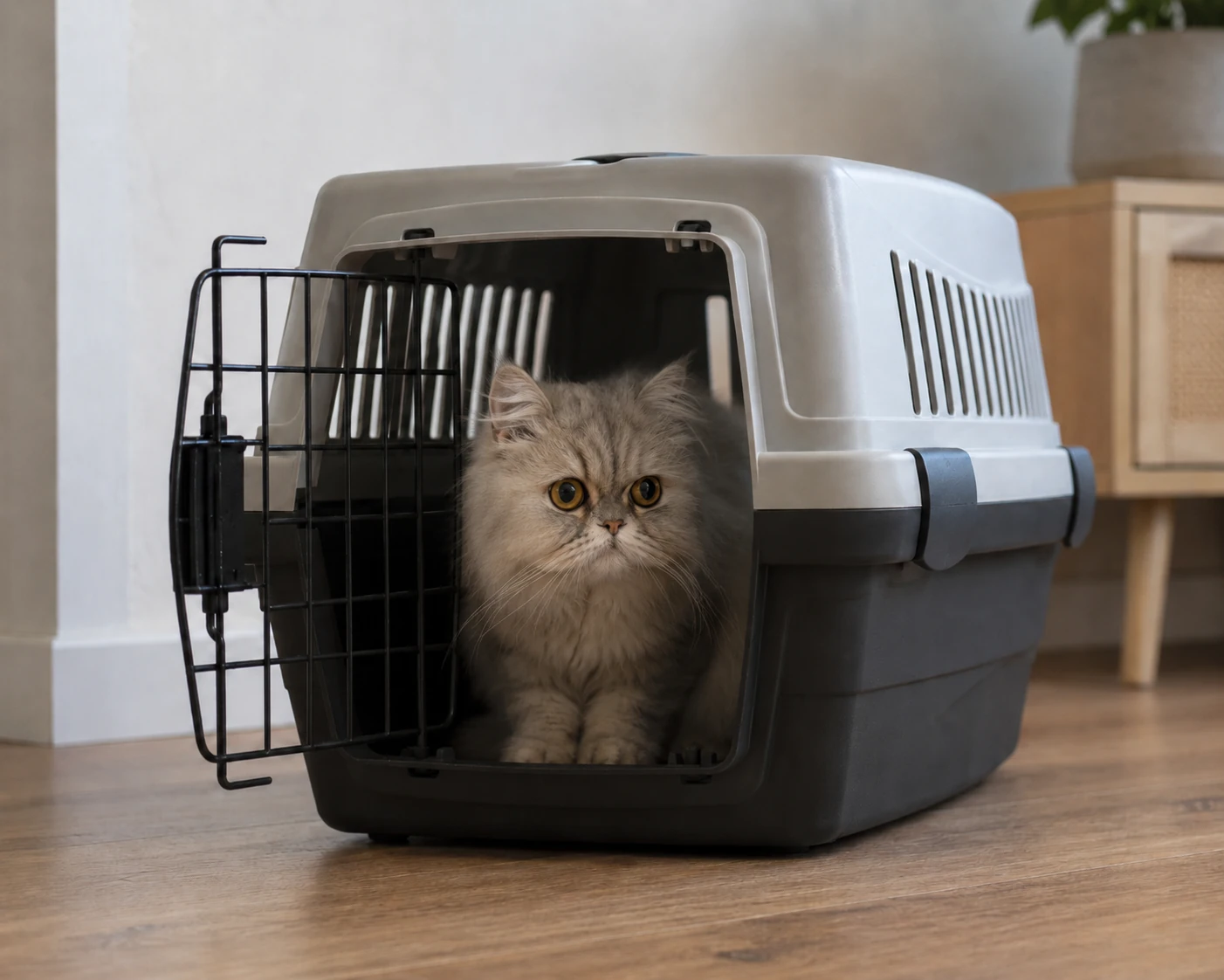 Katze nach einem Tierarztbesuch zu Hause als Symbol für Unsauberkeit durch Stress, Schmerz oder Krankheit