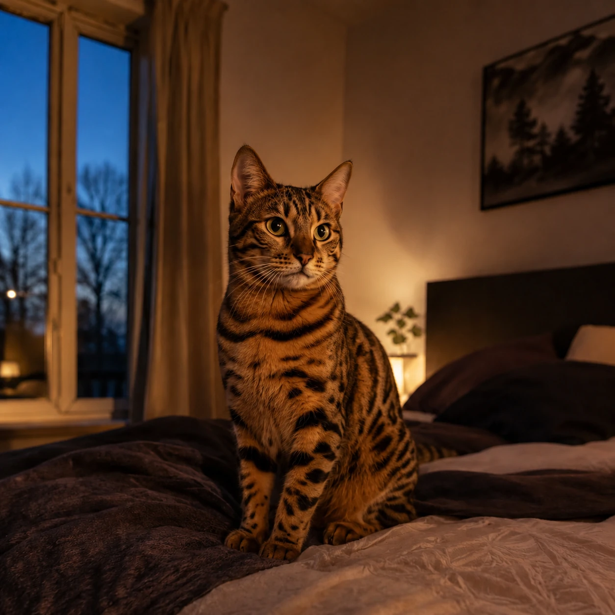 Hauskatze sitzt nachts wach auf dem Bettrand im Schlafzimmer – Symbolbild nächtliche Unsauberkeit.