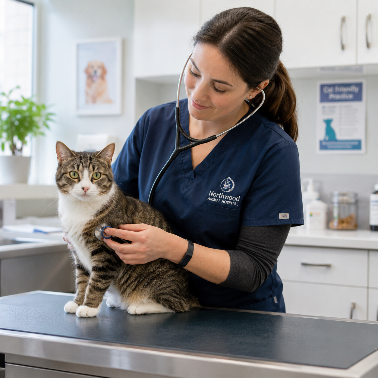 Tierärztin untersucht eine ruhige Katze mit dem Stethoskop in einer hellen, modernen Tierarztpraxis