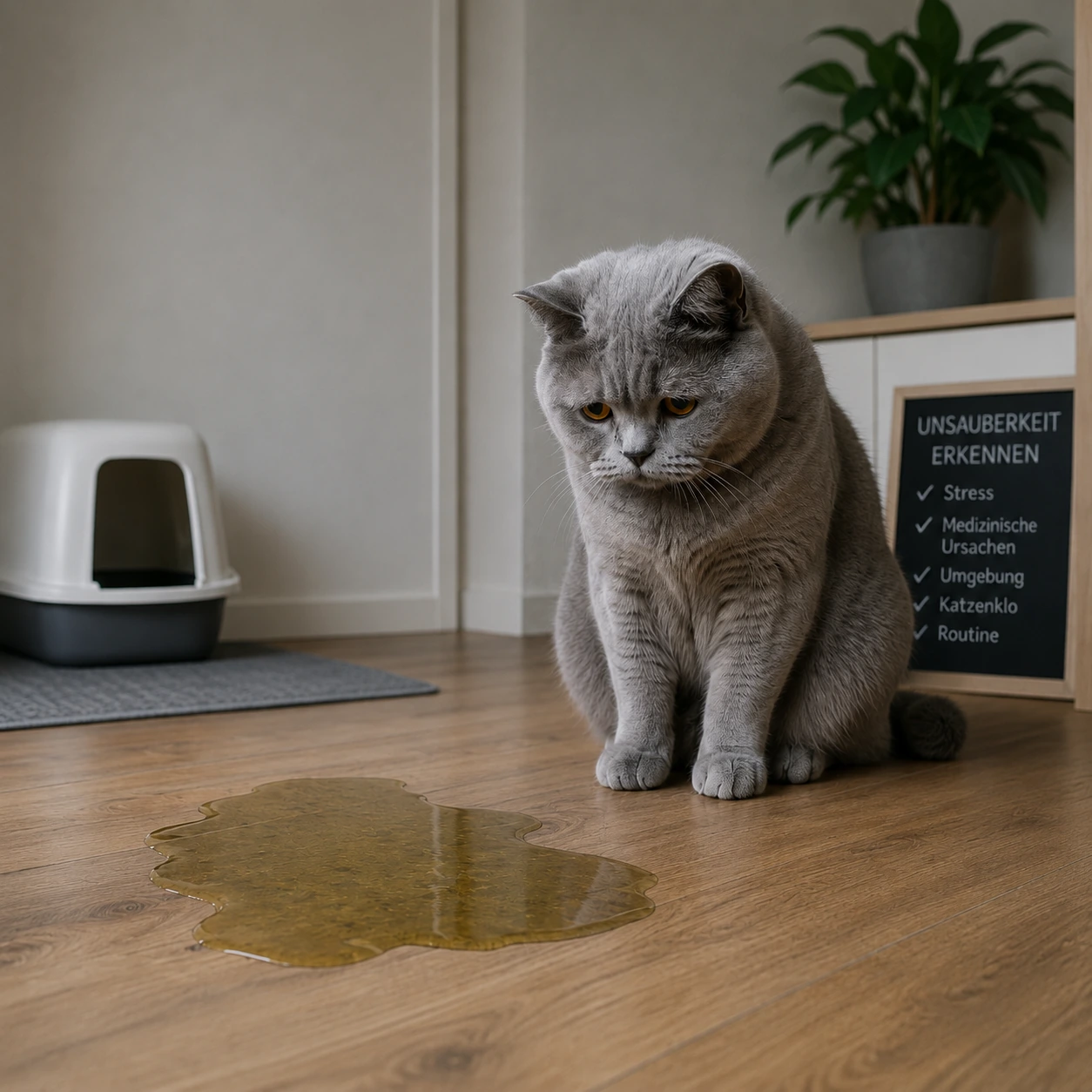 Katze sitzt traurig neben Pfütze – Unsauberkeit erkennen