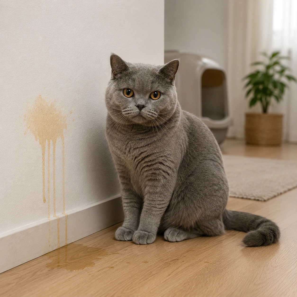 BKH Katze sitzt neben Urinflecken an Wand und Boden, im Hintergrund ein Katzenklo – Symbolbild für Unsauberkeit, Notfall-Check, Katzenklo-Check und Stress-Check.