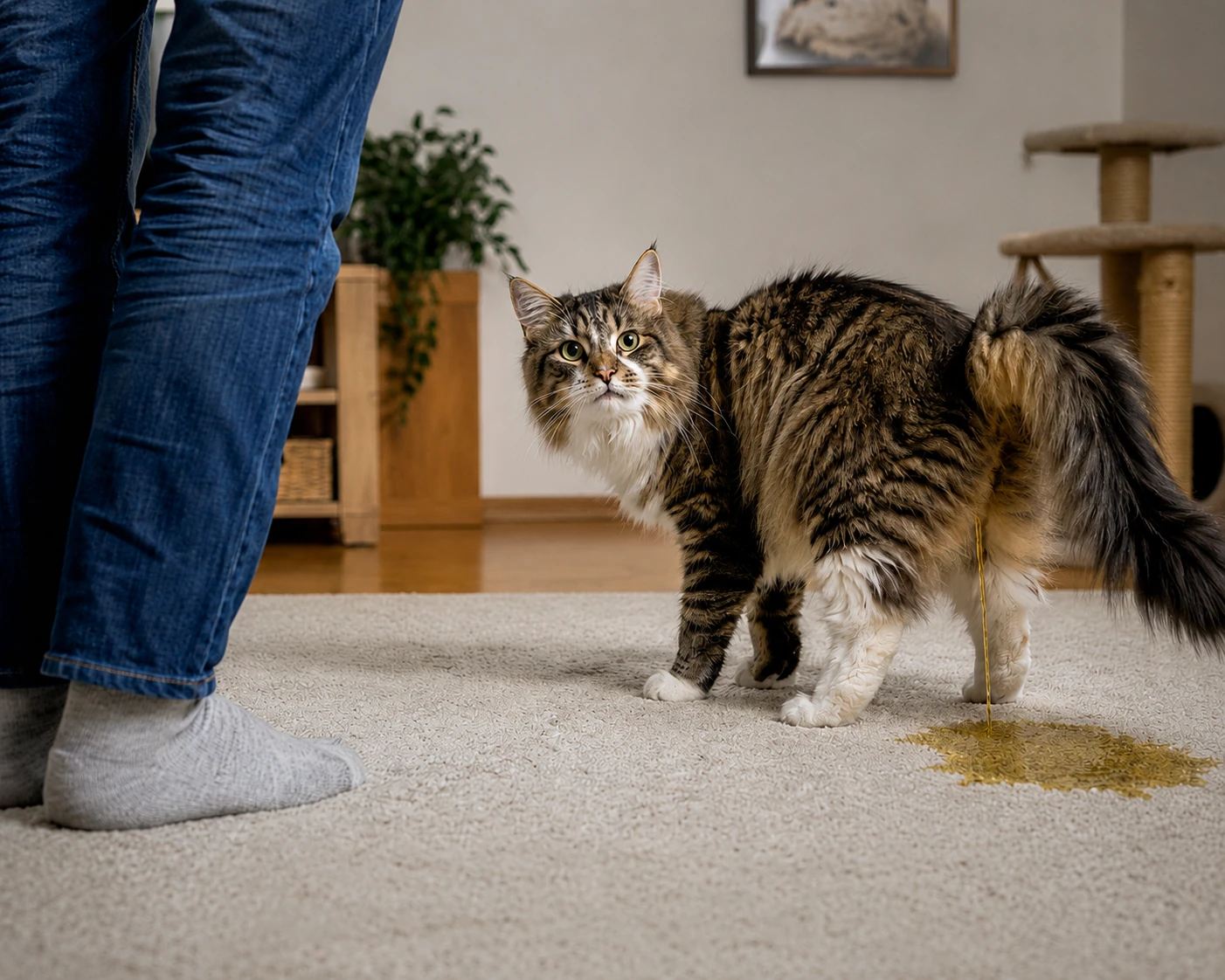 Katze schaut Halter an und pinkelt auf Teppich – Hilferuf