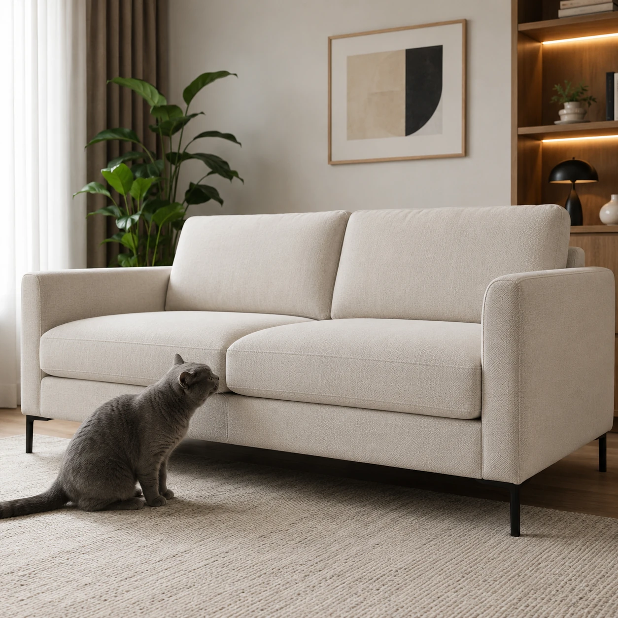 Hauskatze beschnuppert vorsichtig ein neues Sofa – Revier-Eingewöhnung an neue Möbel
