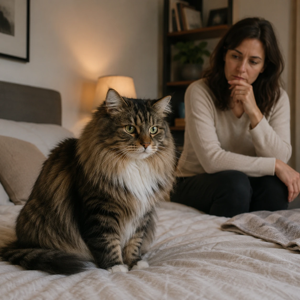 Katze sitzt angespannt auf einem Bett, während ihre Halterin über angebliches Protestpinkeln nachdenkt