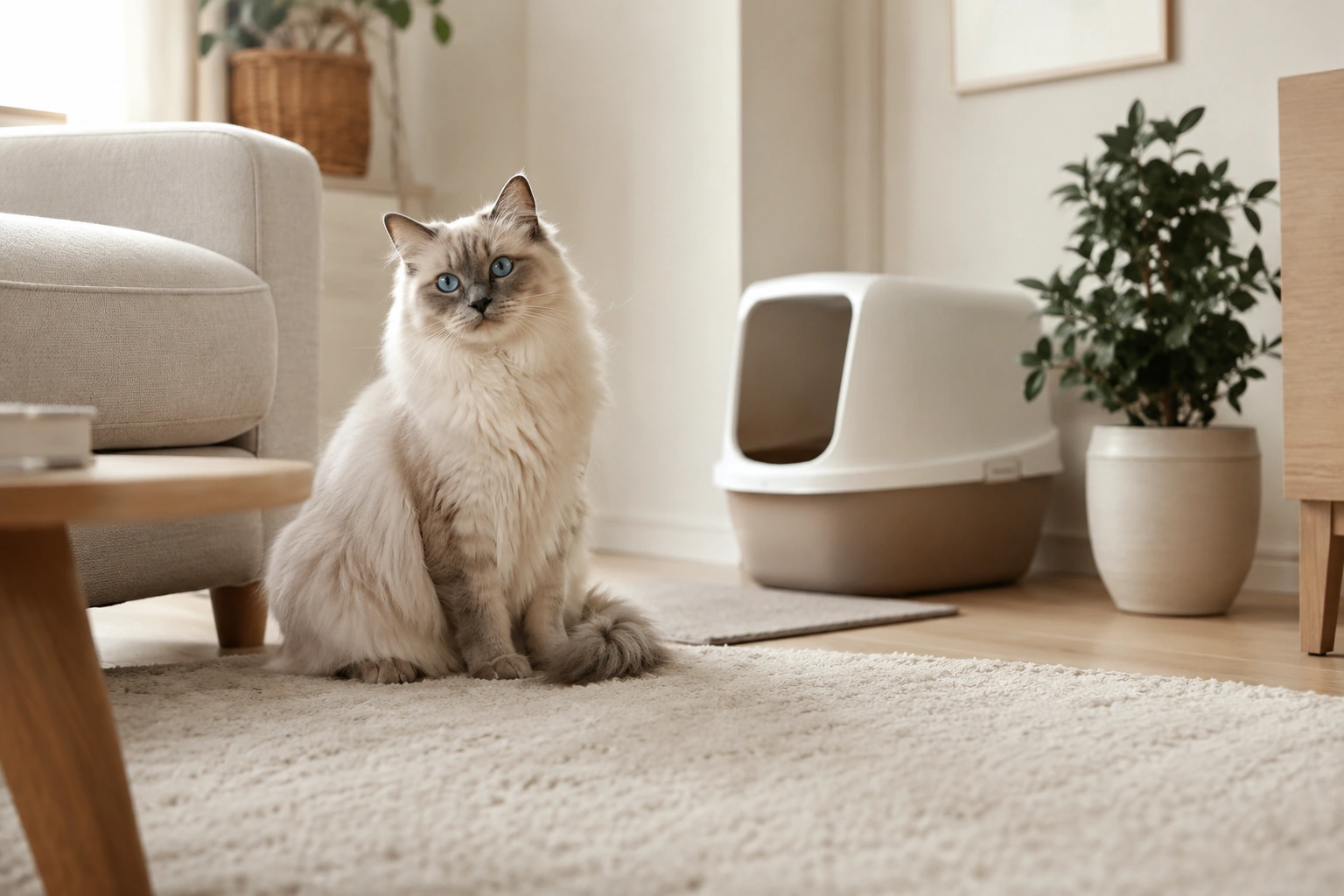 Katze auf Teppich neben Katzenklo