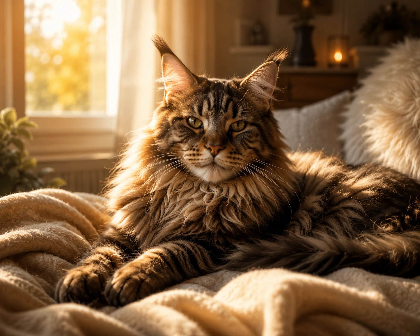 Maine-Coon-Katze ruht ruhig auf einer weichen Decke im warmen Sonnenlicht und wirkt still, nachdenklich und zurückgezogen