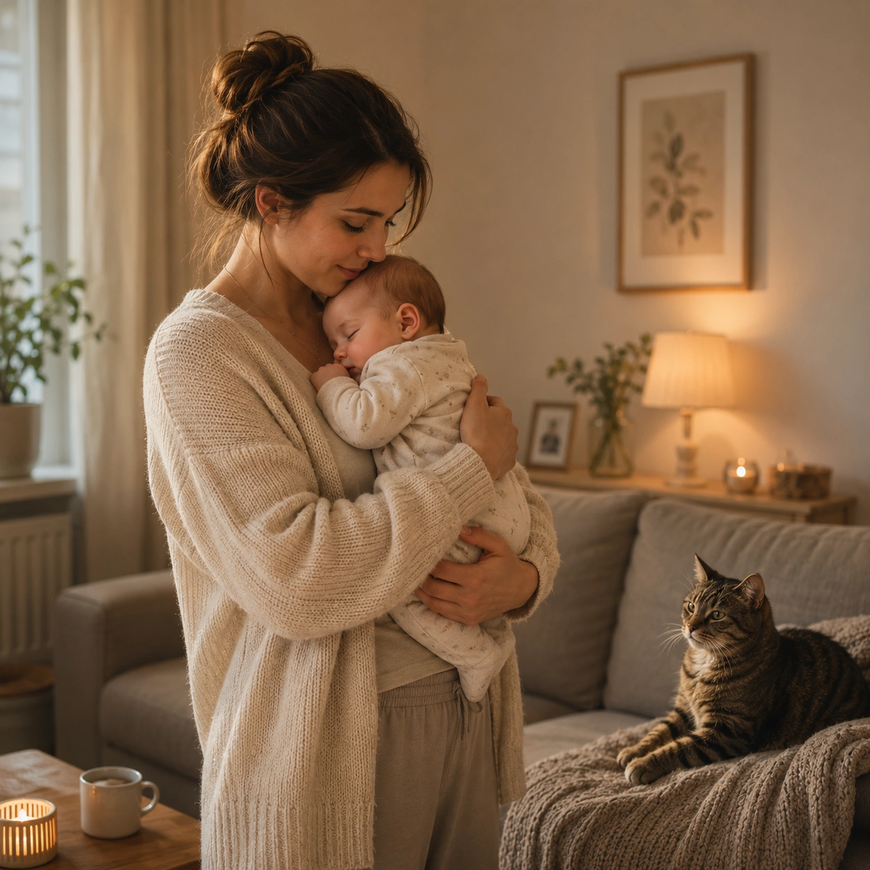 Mutter mit Baby auf dem Sofa, Hauskatze beobachtet ruhig – entspannte Eingewöhnung Baby und Katze.