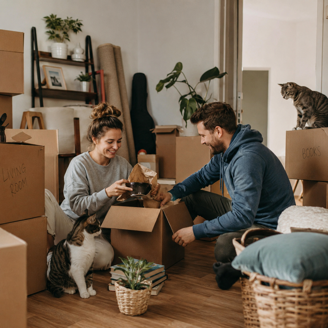 Zwei Katzen in einem Zuhause mit Umzugskartons – eine typische Situation, wenn eine Katze nach dem Umzug unsauber wird