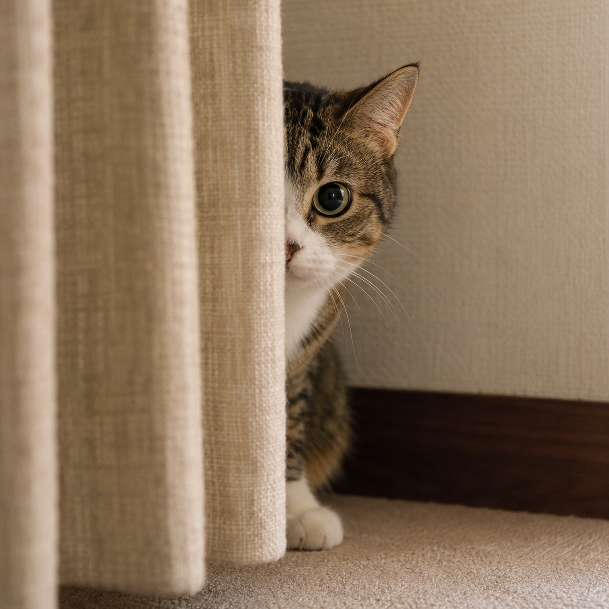 Gestresste Hauskatze versteckt sich hinter einem Vorhang – sichtbares Stress-Signal.