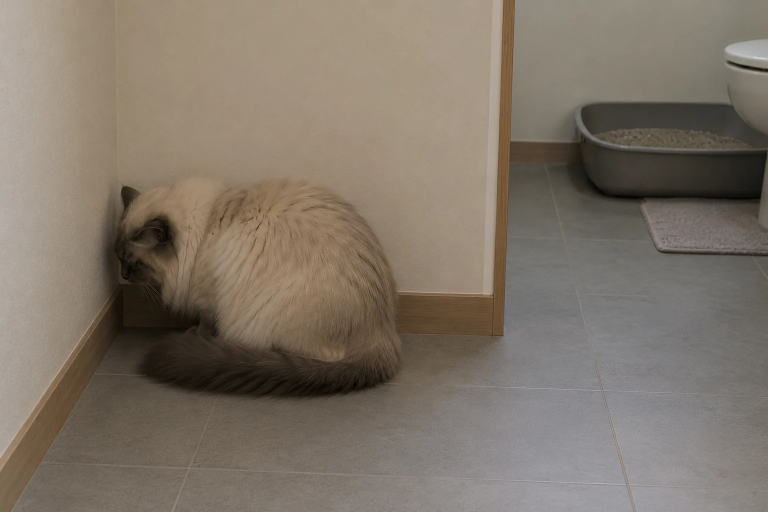 Katze steht zögernd vor dem Katzenklo und geht nicht hinein