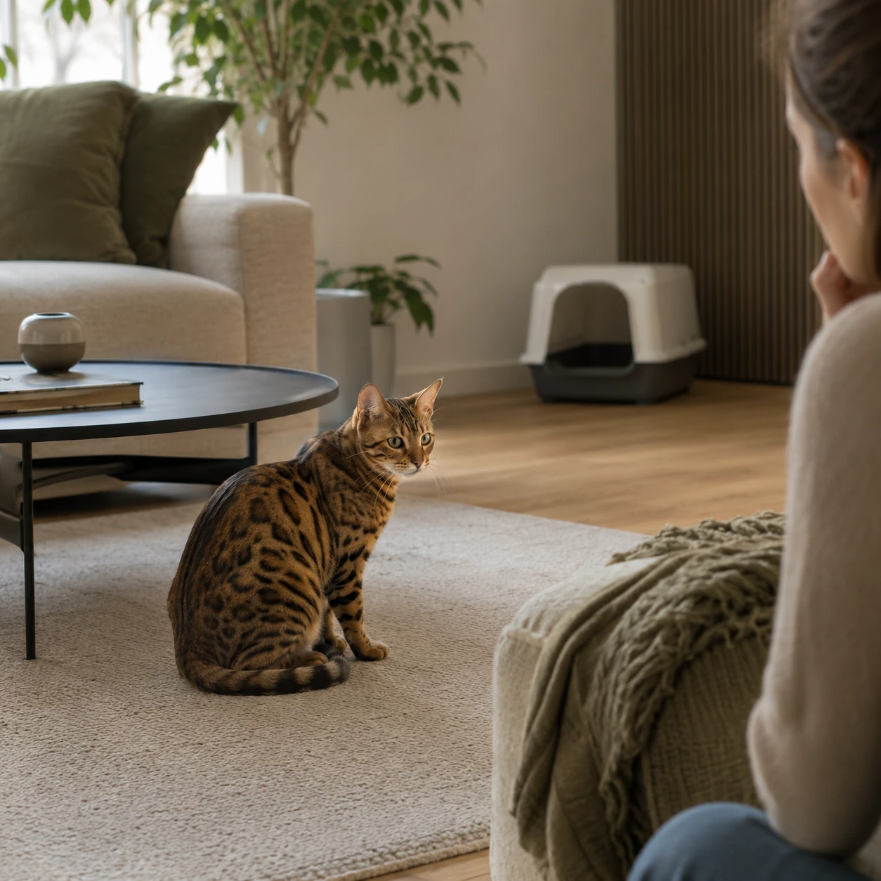 Angespannte Katze liegt in einer Ecke, meidet den Klo-Bereich