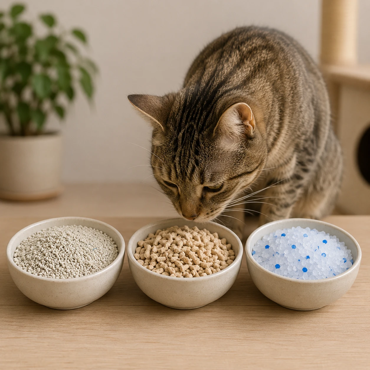Drei Schalen mit verschiedenen Katzenstreu-Typen – Vergleich aus der Verhaltensberatung.