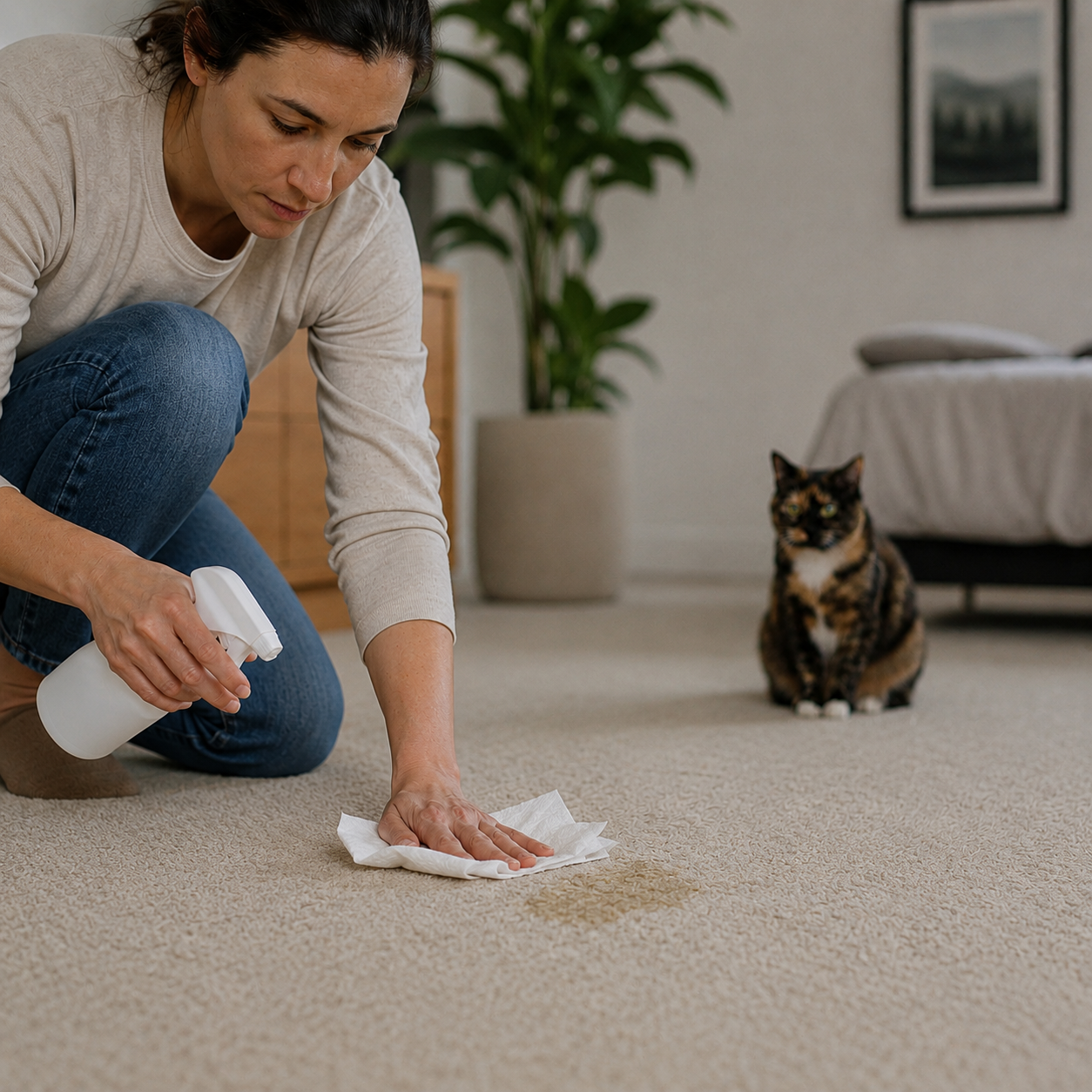 Frau entfernt Katzenurin mit Reinigungsspray und Tuch restlos aus einem hellen Teppich, während eine Katze im Hintergrund sitzt