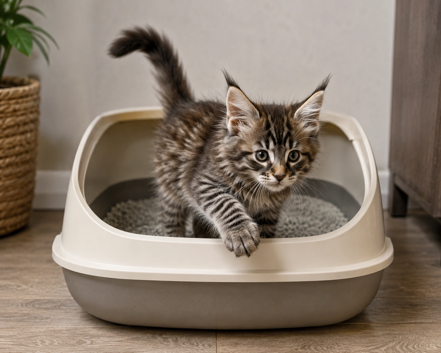Junges Kätzchen erkundet ein offenes Katzenklo - stubenrein werden beim Kitten.